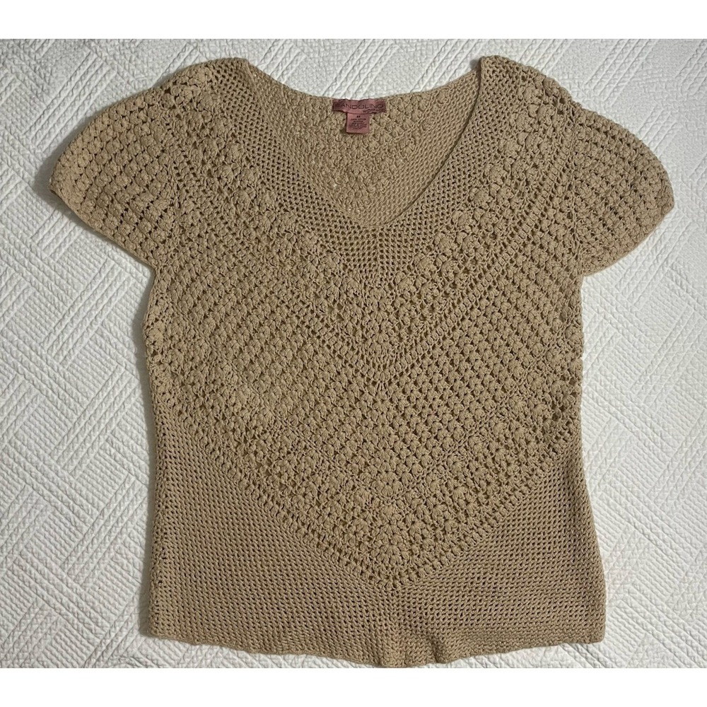 Bandolino Woman's 2X Short Sleeve Sweater Crochet Tan Fall Cotton Normcore Vneck